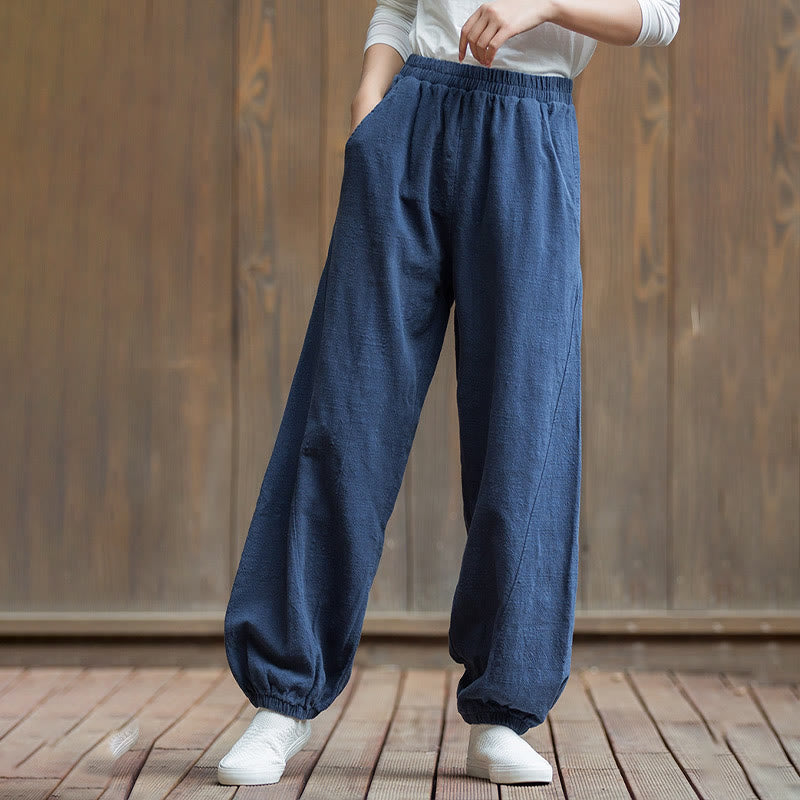 Buddha Stones Casual Solid Plain Color Carrot Elastic Waistband Cotton Ramie Women's Pants With Pockets - image 41