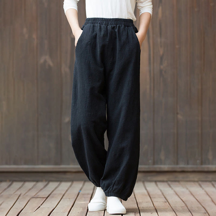 Buddha Stones Casual Solid Plain Color Carrot Elastic Waistband Cotton Ramie Women's Pants With Pockets - image 13