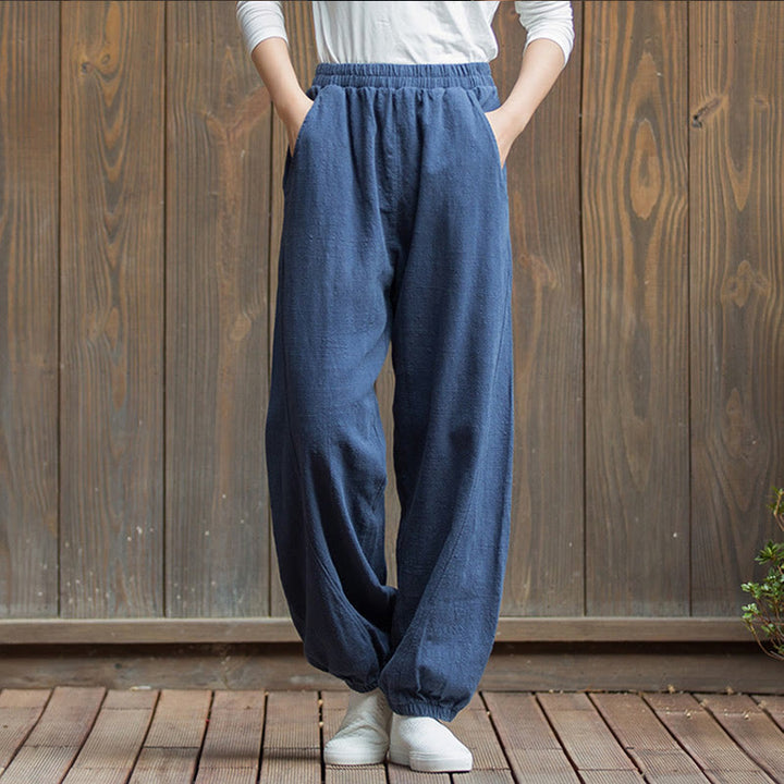 Buddha Stones Casual Solid Plain Color Carrot Elastic Waistband Cotton Ramie Women's Pants With Pockets - DarkBlue - US4，UK/AU8，EU36 (L) - image 38