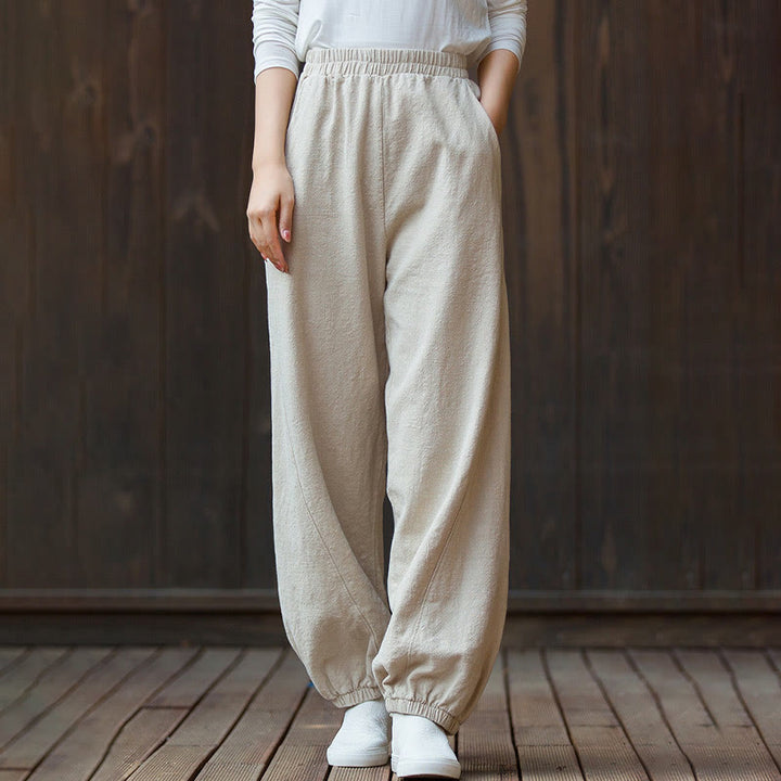 Buddha Stones Casual Solid Plain Color Carrot Elastic Waistband Cotton Ramie Women's Pants With Pockets - image 20