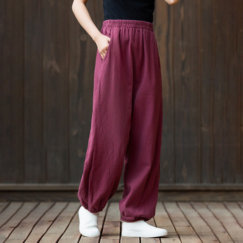 Buddha Stones Casual Solid Plain Color Carrot Elastic Waistband Cotton Ramie Women's Pants With Pockets - image 2
