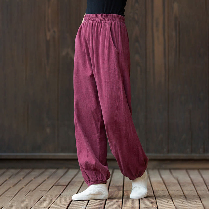 Buddha Stones Casual Solid Plain Color Carrot Elastic Waistband Cotton Ramie Women's Pants With Pockets - image 5