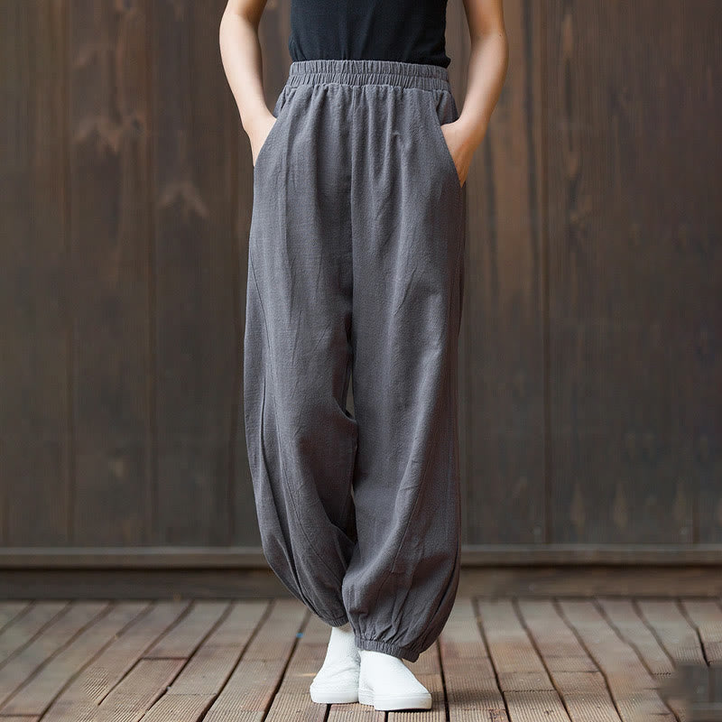 Buddha Stones Casual Solid Plain Color Carrot Elastic Waistband Cotton Ramie Women's Pants With Pockets - image 31
