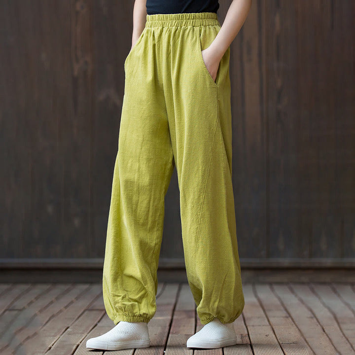 Buddha Stones Casual Solid Plain Color Carrot Elastic Waistband Cotton Ramie Women's Pants With Pockets - image 28