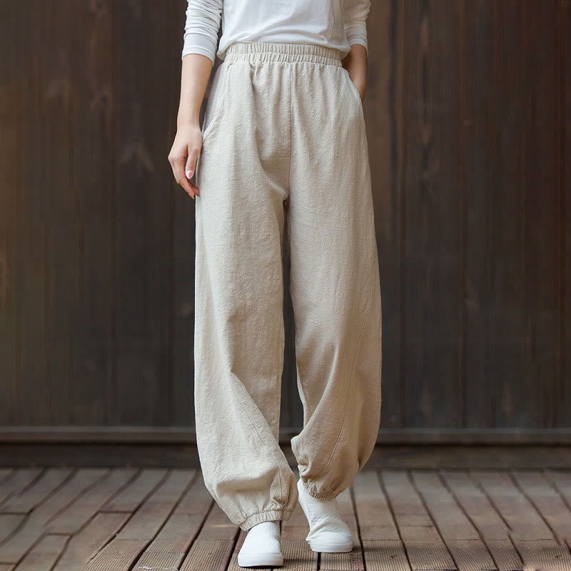 Buddha Stones Casual Solid Plain Color Carrot Elastic Waistband Cotton Ramie Women's Pants With Pockets