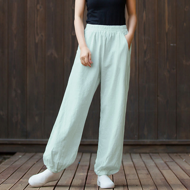 Buddha Stones Casual Solid Plain Color Carrot Elastic Waistband Cotton Ramie Women's Pants With Pockets - image 35