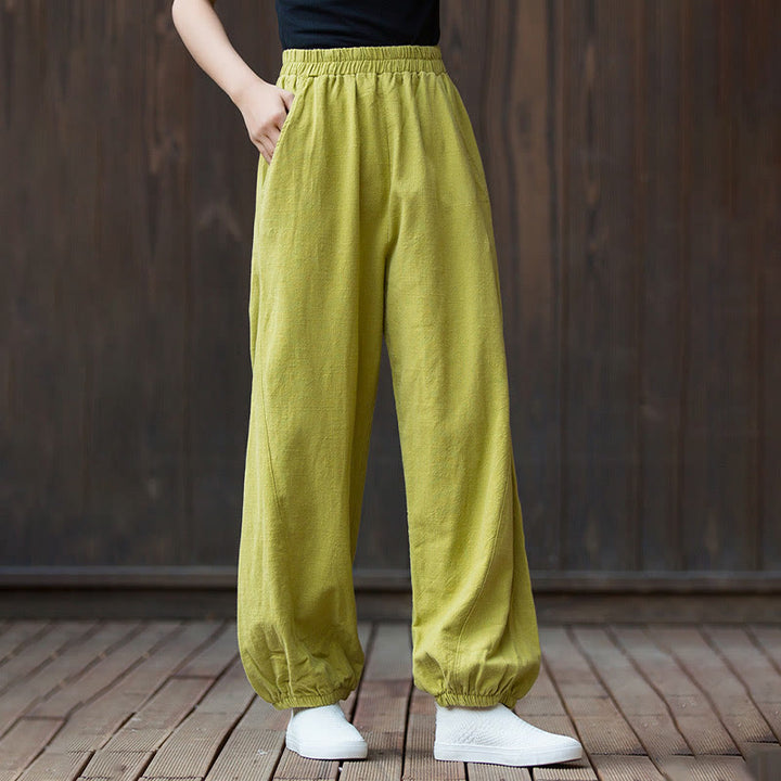 Buddha Stones Casual Solid Plain Color Carrot Elastic Waistband Cotton Ramie Women's Pants With Pockets - image 25