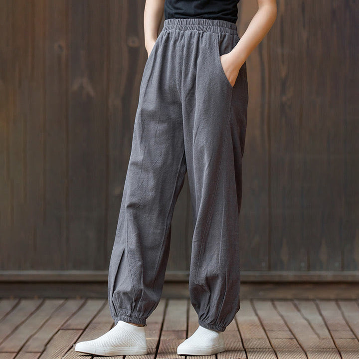 Buddha Stones Casual Solid Plain Color Carrot Elastic Waistband Cotton Ramie Women's Pants With Pockets - image 30