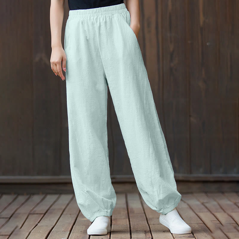 Buddha Stones Casual Solid Plain Color Carrot Elastic Waistband Cotton Ramie Women's Pants With Pockets