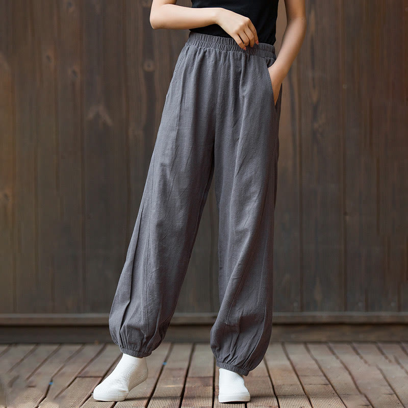 Buddha Stones Casual Solid Plain Color Carrot Elastic Waistband Cotton Ramie Women's Pants With Pockets - image 32