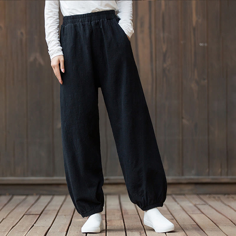 Buddha Stones Casual Solid Plain Color Carrot Elastic Waistband Cotton Ramie Women's Pants With Pockets - image 17