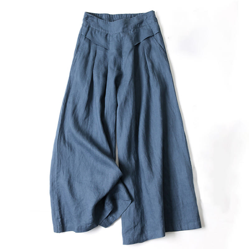 Buddha Stones Plain Color Cotton Linen High Waist Wide Leg Pants With Pockets - SteelBlue - US16，UK/AU20，EU48 (3XL) - image 6