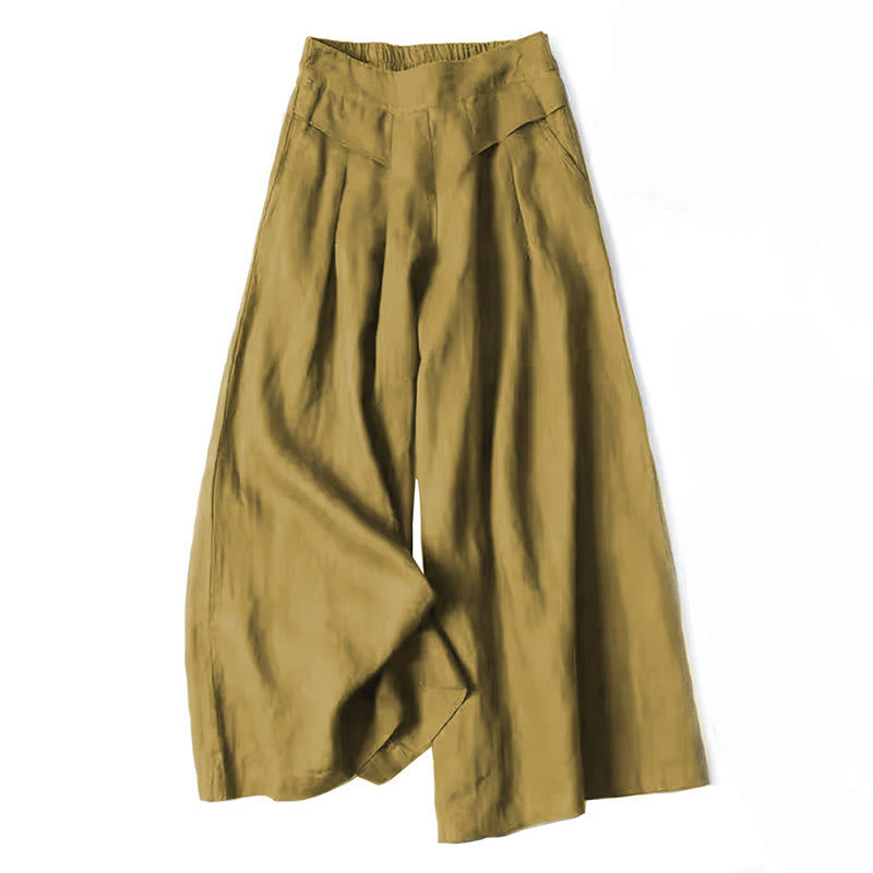 Buddha Stones Plain Color Cotton Linen High Waist Wide Leg Pants With Pockets - DarkKhaki - US16，UK/AU20，EU48 (3XL) - image 10