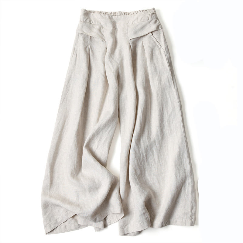 Buddha Stones Plain Color Cotton Linen High Waist Wide Leg Pants With Pockets - Beige - US16，UK/AU20，EU48 (3XL) - image 11