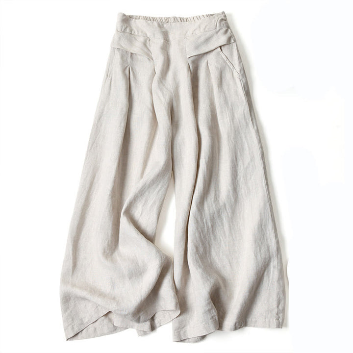 Buddha Stones Plain Color Cotton Linen High Waist Wide Leg Pants With Pockets - Beige - US16，UK/AU20，EU48 (3XL) - image 11