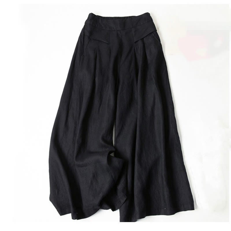 Buddha Stones Plain Color Cotton Linen High Waist Wide Leg Pants With Pockets - Black - US16，UK/AU20，EU48 (3XL) - image 22