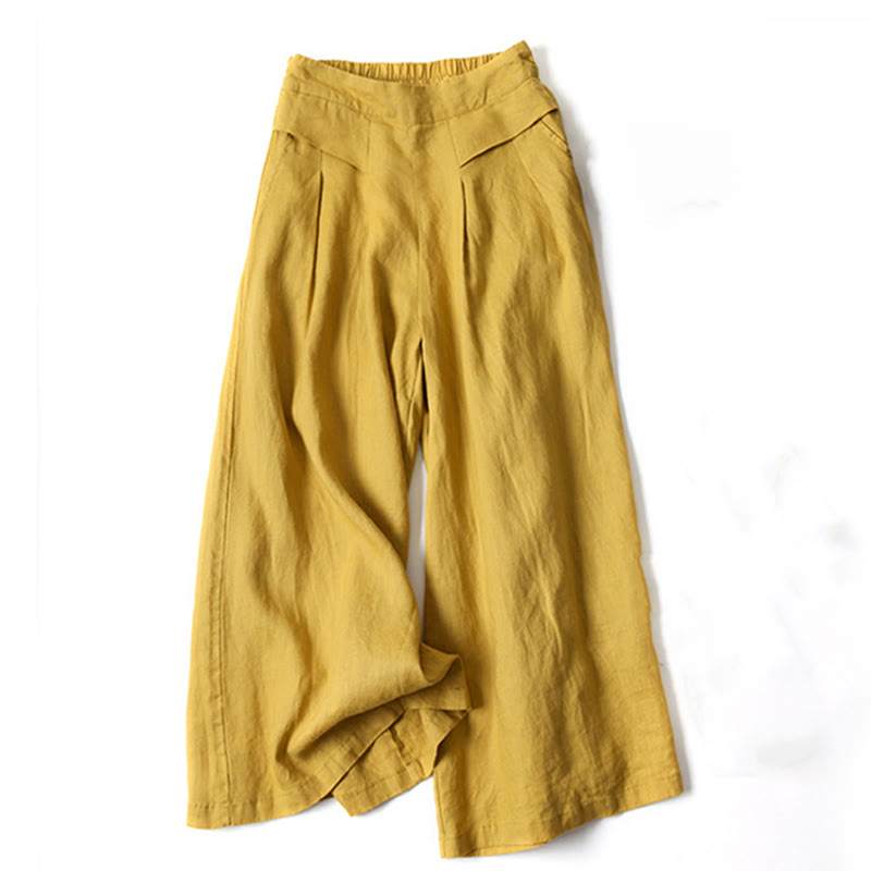 Buddha Stones Plain Color Cotton Linen High Waist Wide Leg Pants With Pockets - Yellow - US16，UK/AU20，EU48 (3XL) - image 1