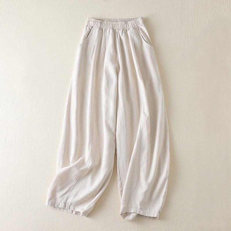 Buddha Stones Plain Color Cotton Linen Women's Pants With Pockets