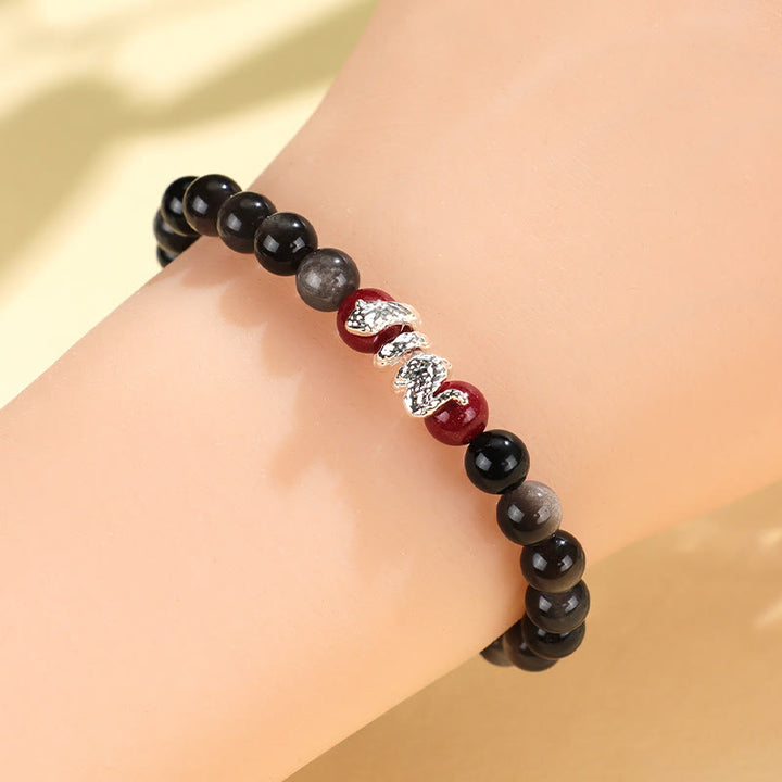 Buddha Stones Silver Sheen Obsidian Cinnabar Copper Year of the Snake Protection Bracelet