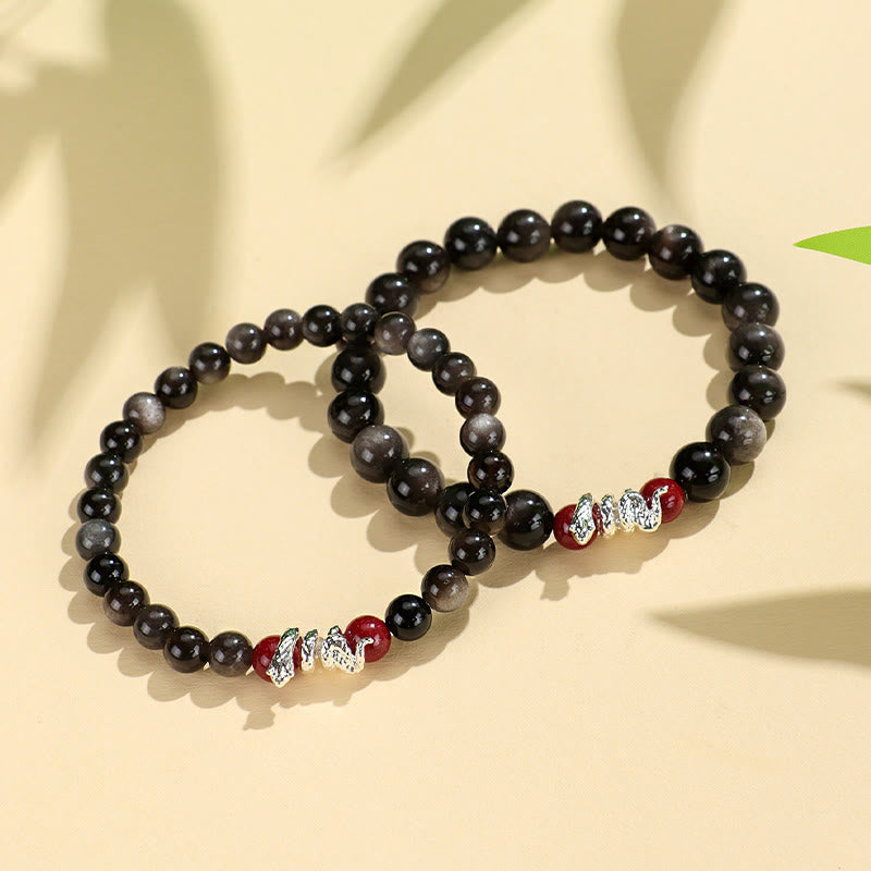 Buddha Stones Silver Sheen Obsidian Cinnabar Copper Year of the Snake Protection Bracelet