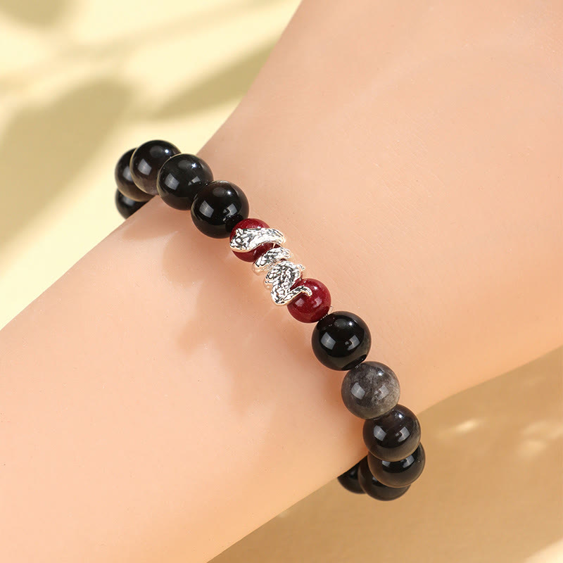 Buddha Stones Silver Sheen Obsidian Cinnabar Copper Year of the Snake Protection Bracelet