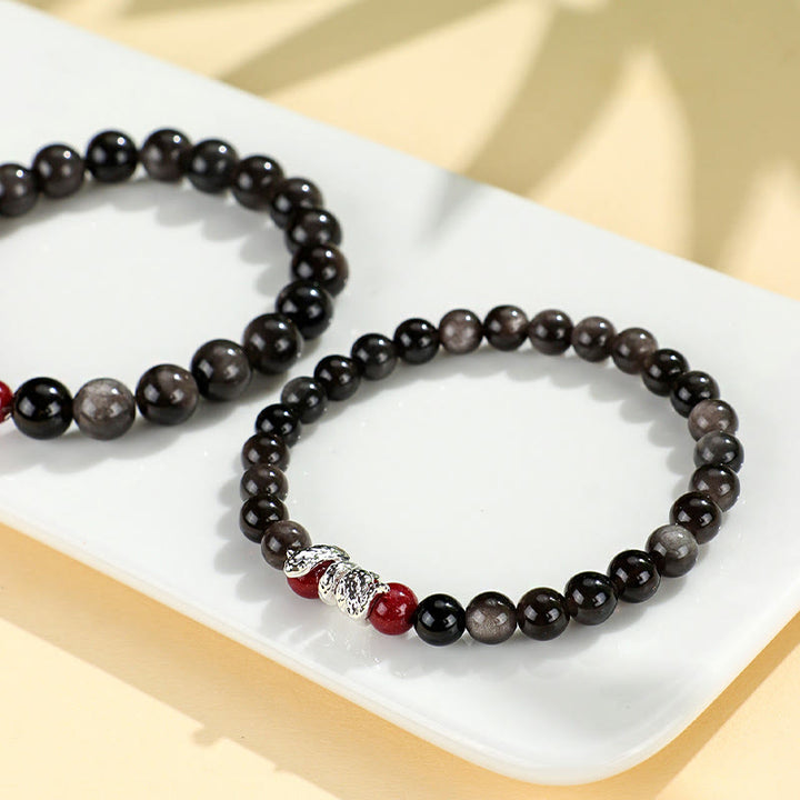 Buddha Stones Silver Sheen Obsidian Cinnabar Copper Year of the Snake Protection Bracelet