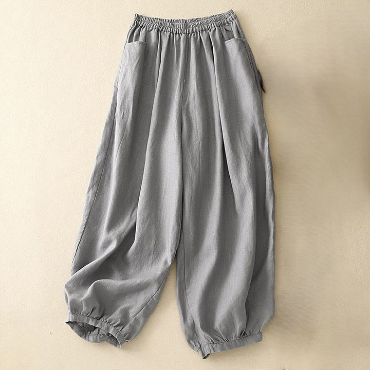 Buddha Stones Casual Plain Solid Color Linen Women's Pants With Pockets