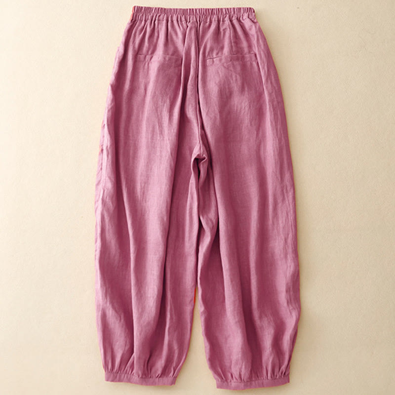 Buddha Stones Casual Plain Solid Color Linen Women's Pants With Pockets