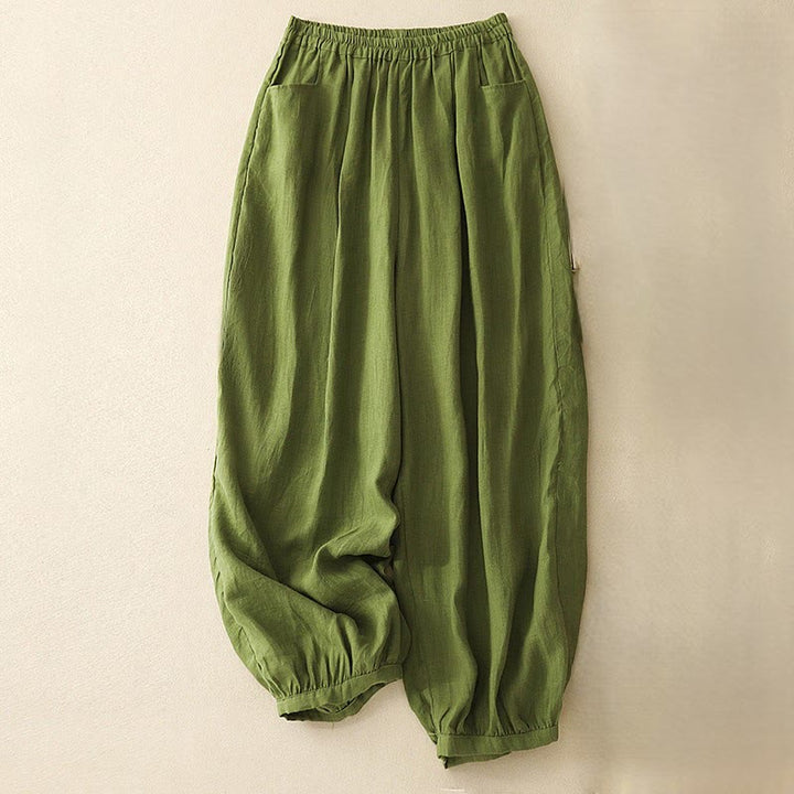 Buddha Stones Casual Plain Solid Color Linen Women's Pants With Pockets