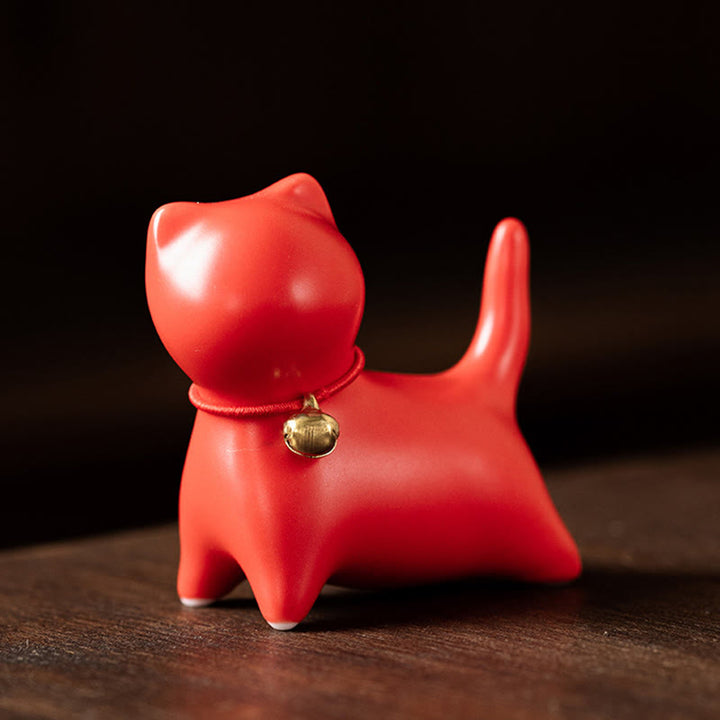 Buddha Stones Mini Cute Standing Lying Cat Tea Pet Ceramic Home Desk Figurine Decoration - Standing Cat 5*2.5*4.5cm - Red - image 13