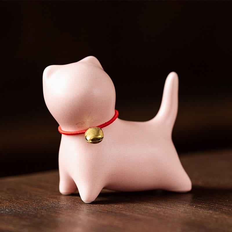 Buddha Stones Mini Cute Standing Lying Cat Tea Pet Ceramic Home Desk Figurine Decoration - Standing Cat 5*2.5*4.5cm - Pink - image 11