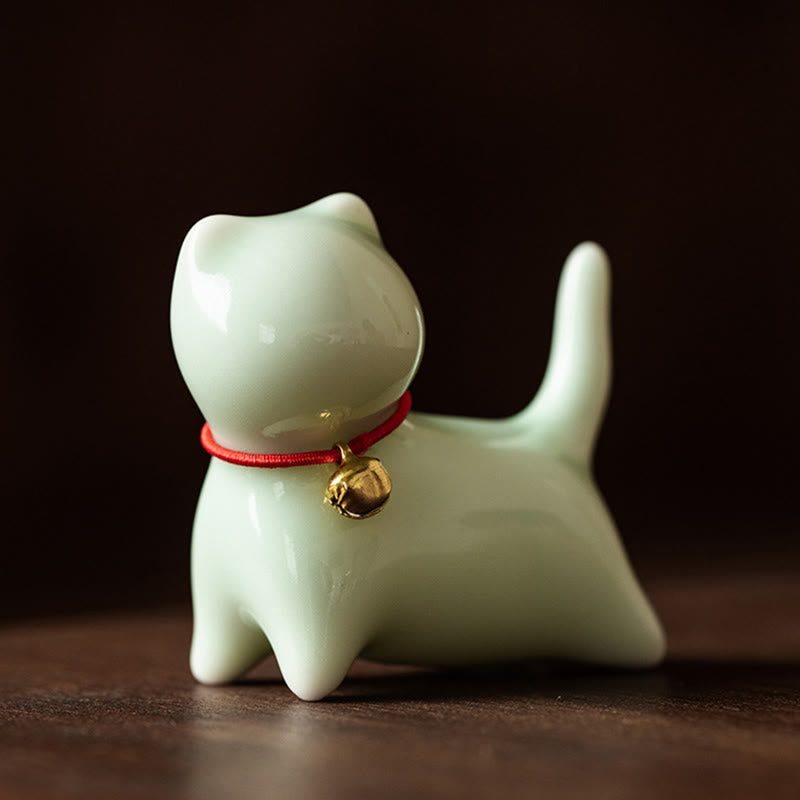 Buddha Stones Mini Cute Standing Lying Cat Tea Pet Ceramic Home Desk Figurine Decoration - Standing Cat 5*2.5*4.5cm - Green - image 3