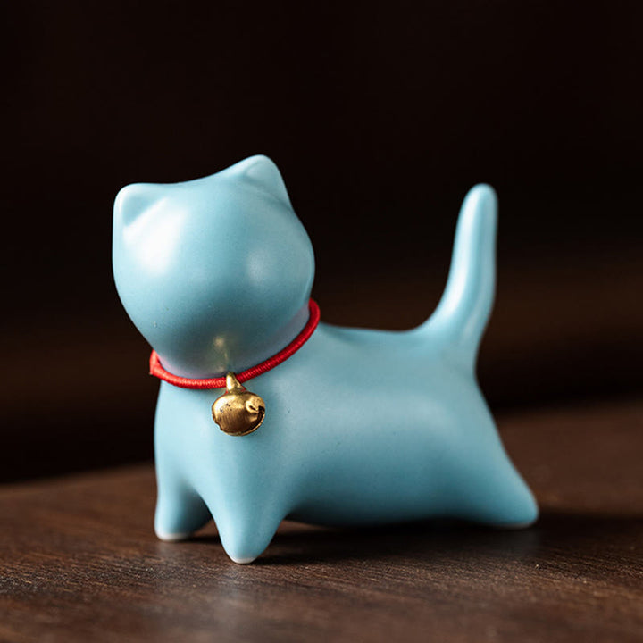 Buddha Stones Mini Cute Standing Lying Cat Tea Pet Ceramic Home Desk Figurine Decoration - Standing Cat 5*2.5*4.5cm - Blue - image 13