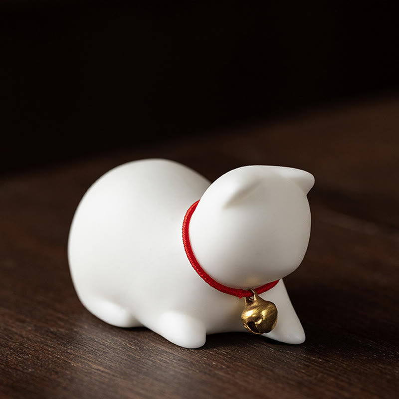 Buddha Stones Mini Cute Standing Lying Cat Tea Pet Ceramic Home Desk Figurine Decoration - Lying Cat 5*3*3cm - White - image 19
