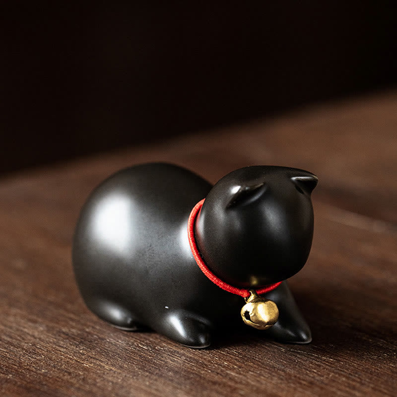 Buddha Stones Mini Cute Standing Lying Cat Tea Pet Ceramic Home Desk Figurine Decoration - Lying Cat 5*3*3cm - Black - image 25