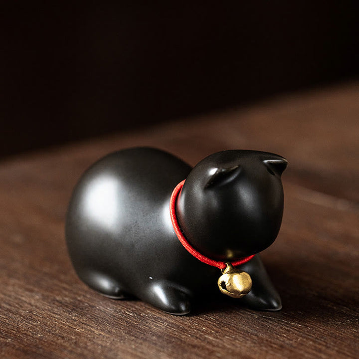 Buddha Stones Mini Cute Standing Lying Cat Tea Pet Ceramic Home Desk Figurine Decoration - Lying Cat 5*3*3cm - Black - image 25
