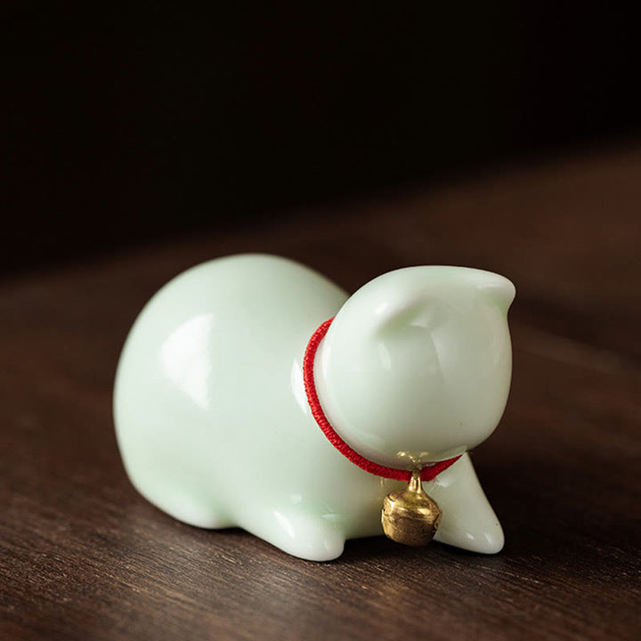 Buddha Stones Mini Cute Standing Lying Cat Tea Pet Ceramic Home Desk Figurine Decoration - Lying Cat 5*3*3cm - Green - image 18