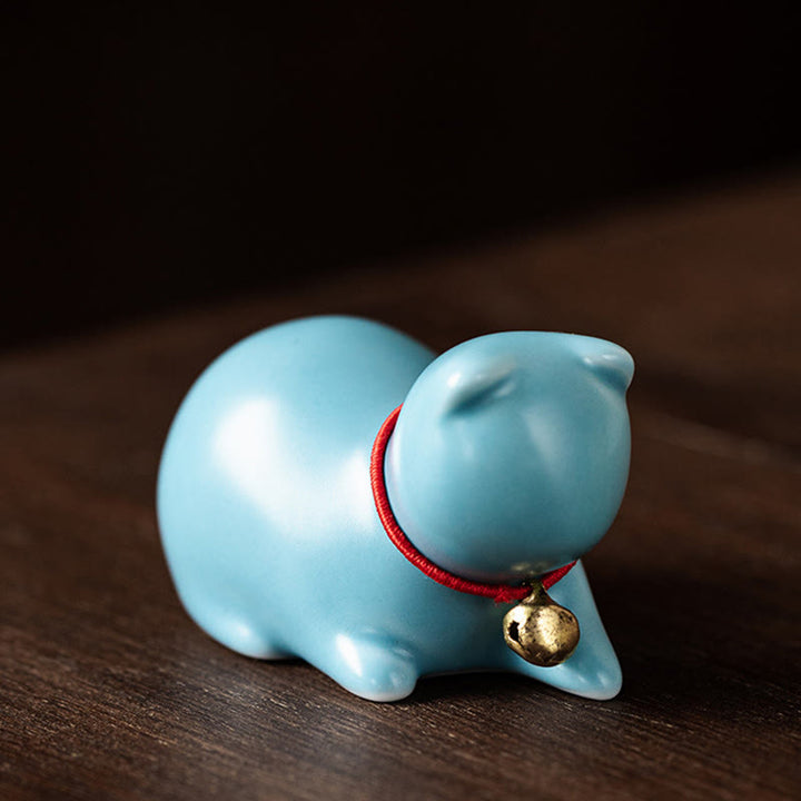 Buddha Stones Mini Cute Standing Lying Cat Tea Pet Ceramic Home Desk Figurine Decoration - Lying Cat 5*3*3cm - Blue - image 23