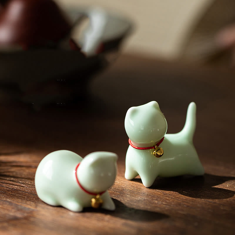 Buddha Stones Mini Cute Standing Lying Cat Tea Pet Ceramic Home Desk Figurine Decoration - image 1