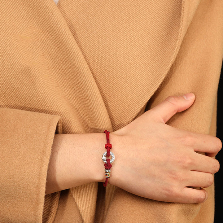 Buddha Stones Red String 999 Sterling Silver Peace Buckle Coin Year of the Snake Strength Bracelet