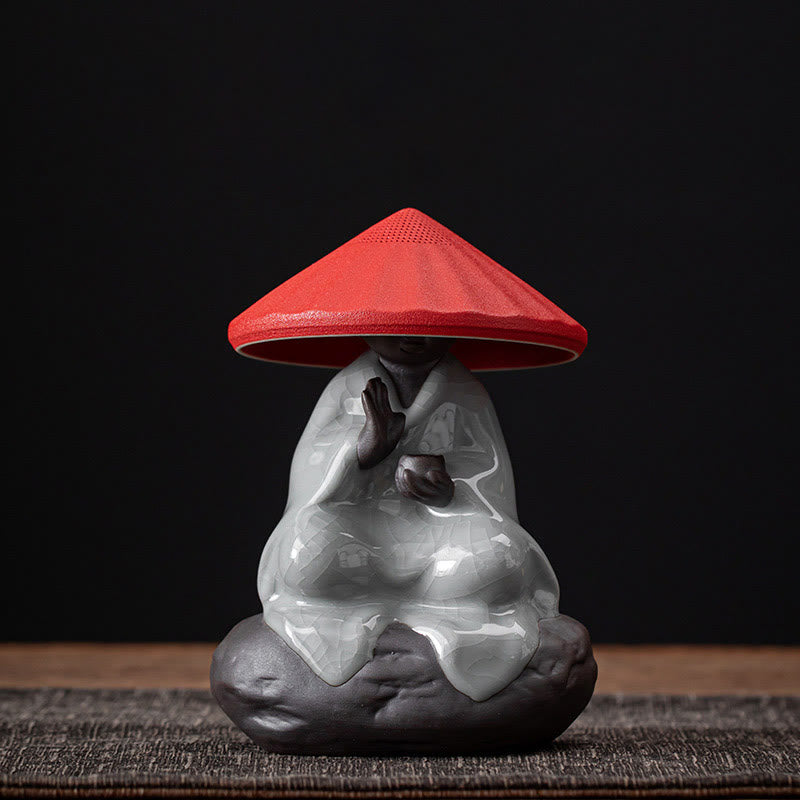 Buddha Stones Little Zen Monk Hat Strainer Ceramic Tea Accessories Figurine Home Decoration - Crack Pattern Monk Red Hat Strainer 9*12.2cm - image 24