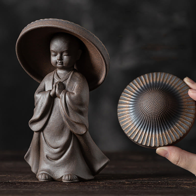 Buddha Stones Little Brown Monk Hat Strainer Ceramic Tea Accessories Figurine Zen Home Desk Decoration