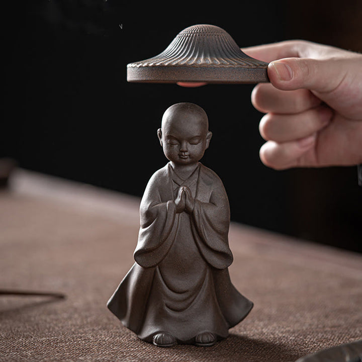 Buddha Stones Little Brown Monk Hat Strainer Ceramic Tea Accessories Figurine Zen Home Desk Decoration - image 3