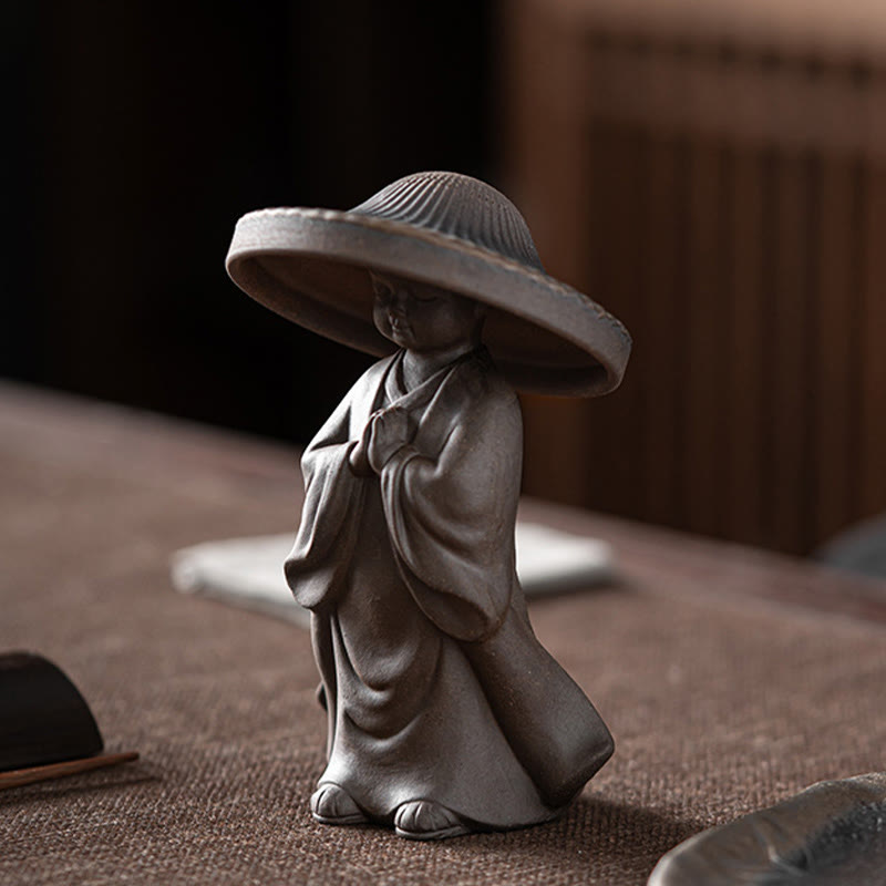 Buddha Stones Little Brown Monk Hat Strainer Ceramic Tea Accessories Figurine Zen Home Desk Decoration - image 1