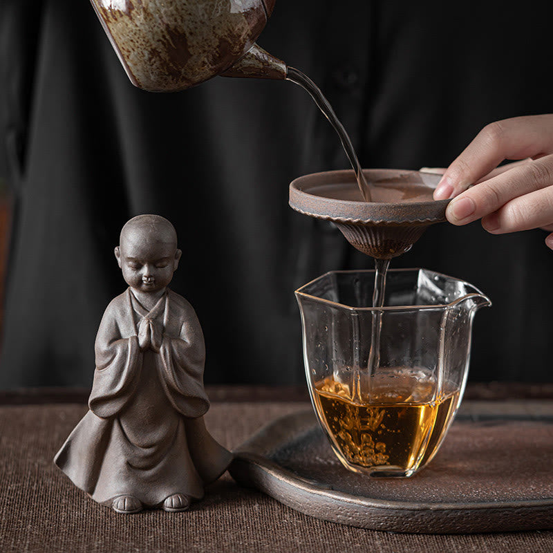 Buddha Stones Little Brown Monk Hat Strainer Ceramic Tea Accessories Figurine Zen Home Desk Decoration