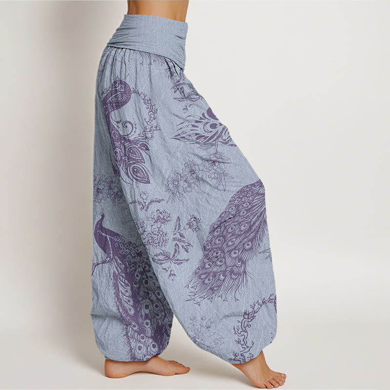 Buddha Stones Casual Peacock Peony Flower Women's Elastic Waist Harem Pants