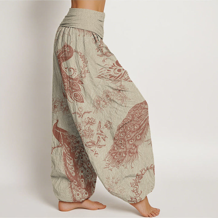 Buddha Stones Casual Peacock Peony Flower Women's Elastic Waist Harem Pants