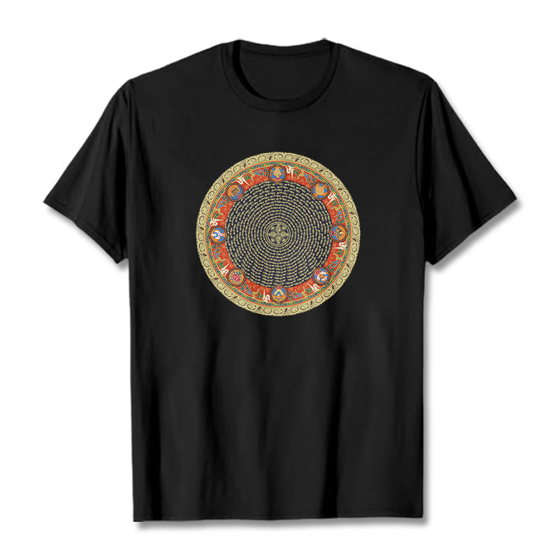 Buddha Stones Circular Om Mani Padme Hum Eight Auspicious Symbols Cotton Tee T-shirt - Black - 2XL - image 5