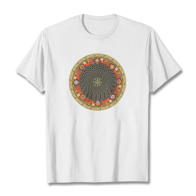 Buddha Stones Circular Om Mani Padme Hum Eight Auspicious Symbols Cotton Tee T-shirt - White - 2XL - image 12