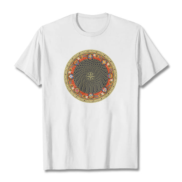 Buddha Stones Circular Om Mani Padme Hum Eight Auspicious Symbols Cotton Tee T-shirt - White - 2XL - image 12